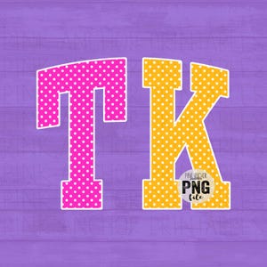 May include: A digital graphic featuring the letters "TK" in a bold, blocky font. The letter "T" is hot pink with white polka dots, and the "K" is yellow with white polka dots. The background is a purple wood grain.