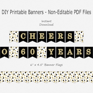 Saludos a 60 años Banner - Brillo negro y dorado - Confeti - Fiesta de cumpleaños número 60 - Signo - IMPRIMIBLE - DESCARGA INSTANTÁNEA
