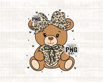Instant Download Teddy Bear Girl Coquette Bow Camo Valentine's Day Png File Hand Drawn Printable Design