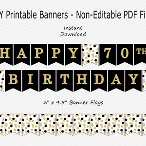 Happy 70th Birthday Banner - Black &amp; Gold Glitter - Confetti Dots ...