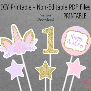 Printable Unicorn Centerpieces Girl 1st Birthday - Light Pink, Pastel Purple & Gold Glitter - PRINTABLE - INSTANT DOWNLOAD
