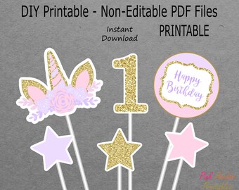 Printable Unicorn Centerpieces Girl 1st Birthday - Light Pink, Pastel Purple & Gold Glitter - PRINTABLE - INSTANT DOWNLOAD