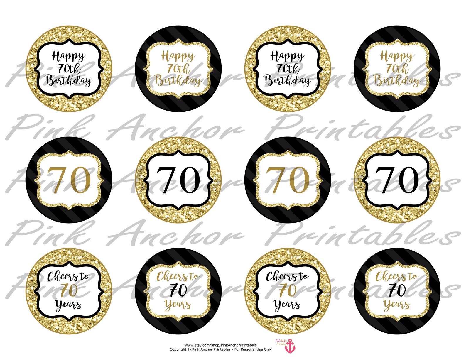 Printable 70th Birthday Cupcake Toppers and Wrappers Gold & Black Cheers to 70 Years Party 70