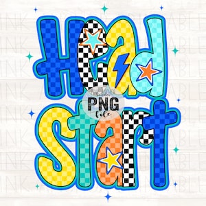 May include: A colorful graphic design with the words "HEAD START" in bold, outlined letters. The letters are filled with checkered patterns, stars, and lightning bolts in blue, yellow, orange, and black. The design includes the text "PINK ANCHOR PNG file".