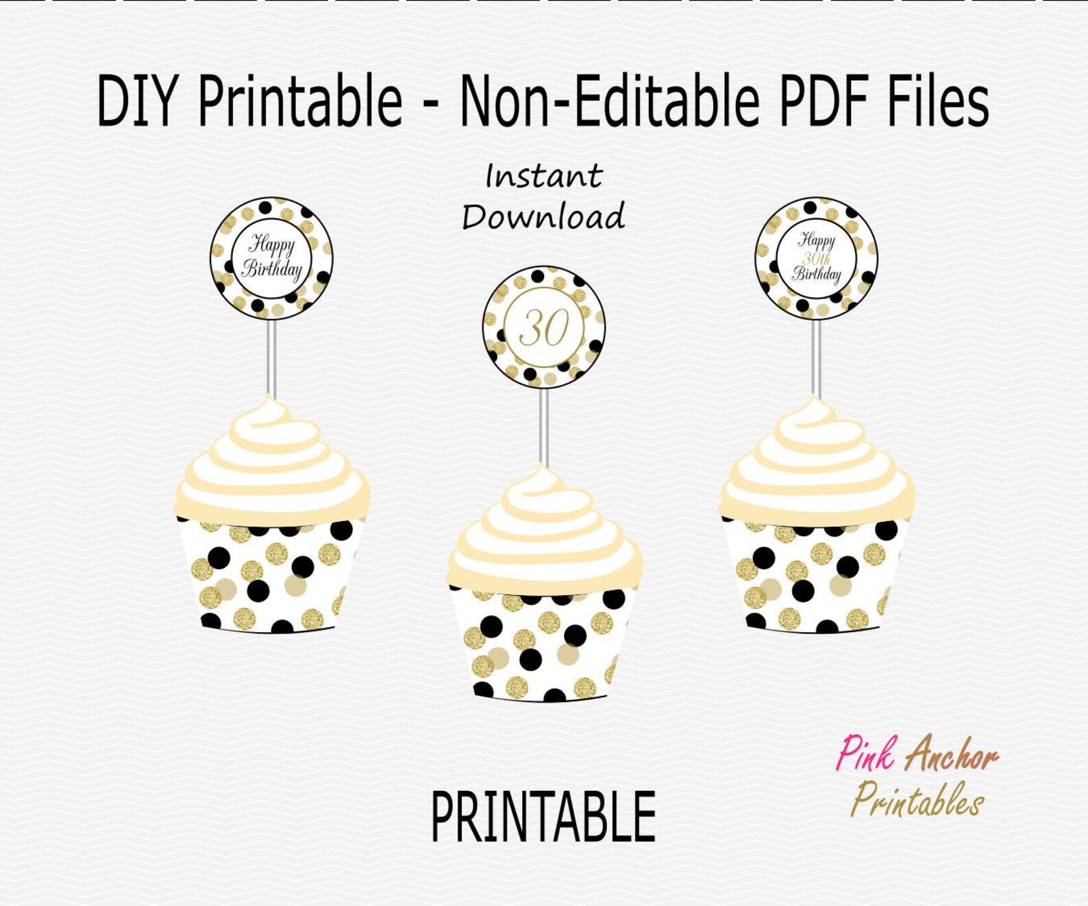 Printable 30th Birthday Cupcake Toppers and Wrappers Gold &amp; | Etsy