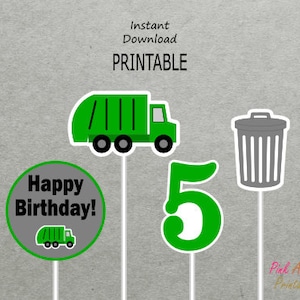 Printable Garbage Truck Centerpieces 5th Birthday - Green & Medium Grey - 5 - Trash Can - PRINTABLE - INSTANT DOWNLOAD