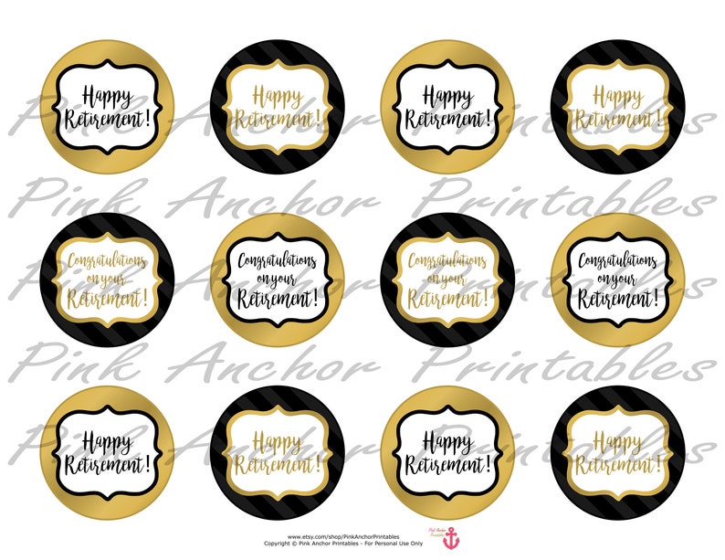 printable happy retirement cupcake toppers black gold etsy