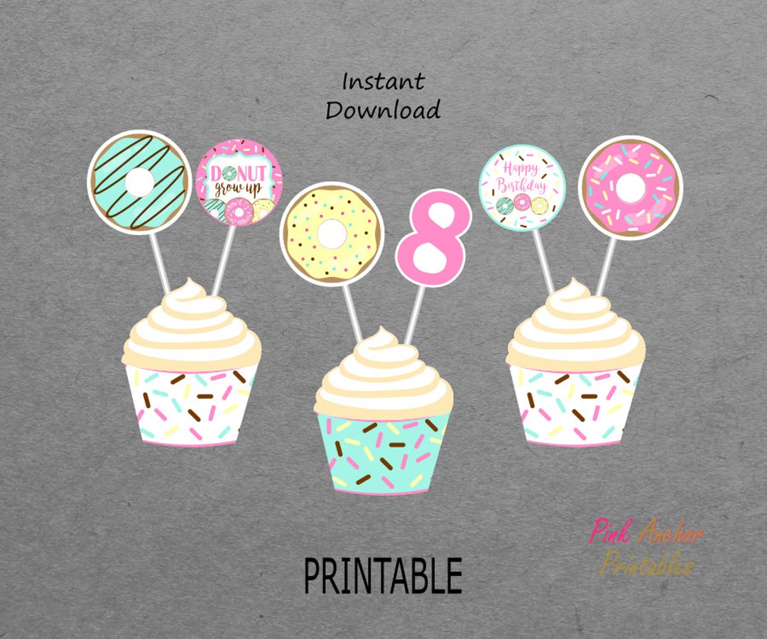Printable Donut Birthday Cupcake Toppers and Wrappers Medium - Etsy