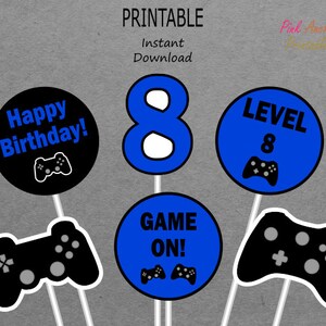 Printable Gamer Centerpieces Boy 8th Birthday - Blue & Black - Video Game Controllers - Level 8 - PRINTABLE - INSTANT DOWNLOAD