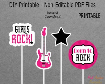 Printable Centerpieces - Guitar, Star - Rockstar Baby Shower - Dark Pink & Black - Girls Rock - Born to Rock - PRINTABLE - INSTANT DOWNLOAD