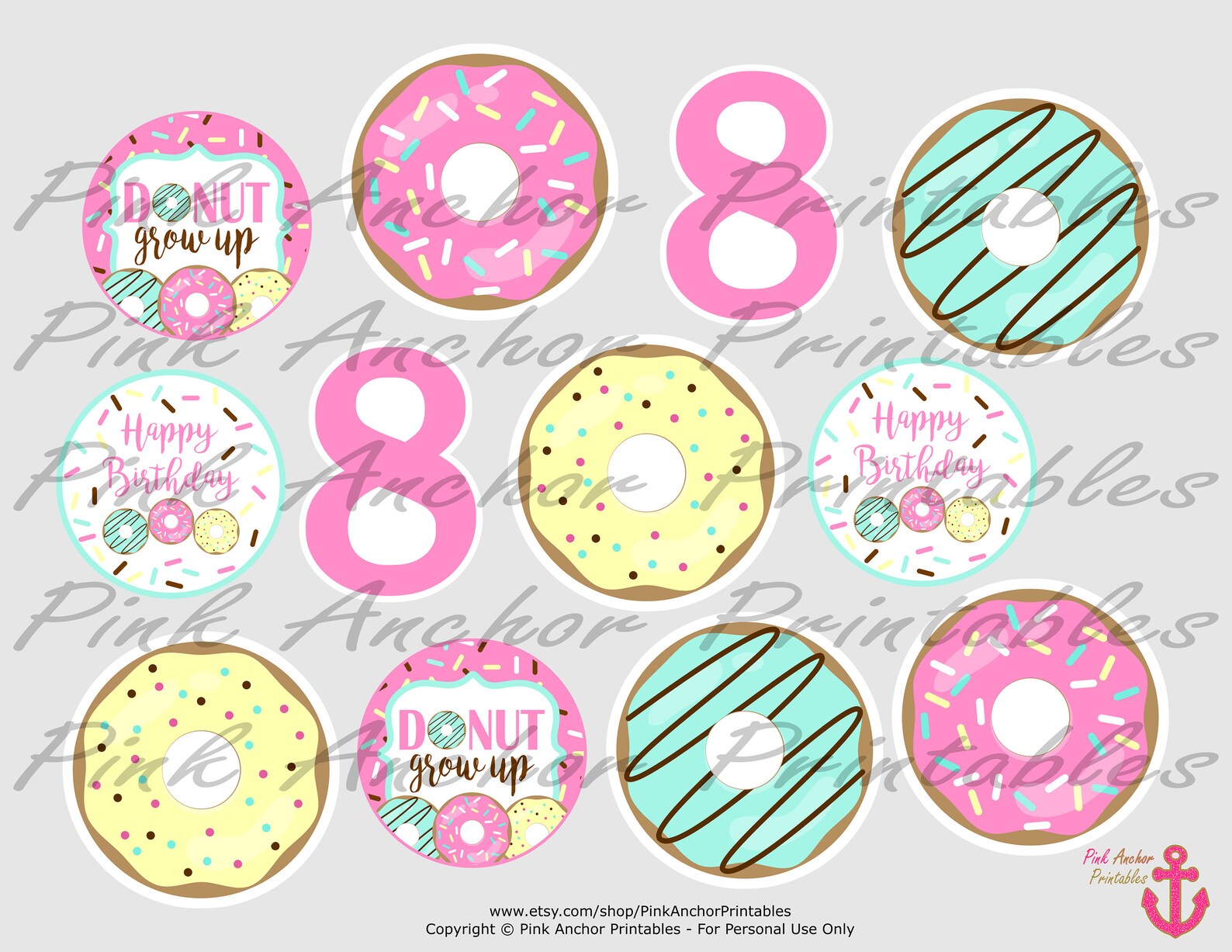Printable Donut Birthday Cupcake Toppers and Wrappers Medium | Etsy