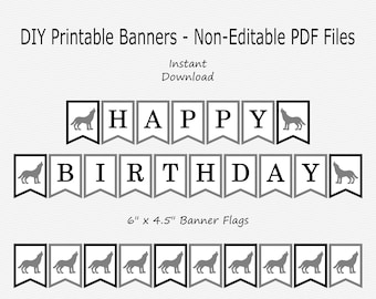 Happy Birthday Banner - Black & Medium Grey - Wolf Wolves - Boy Party - PRINTABLE - INSTANT DOWNLOAD