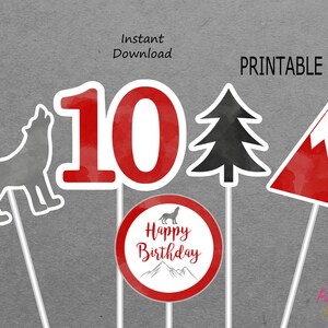 Wolf Printable Centerpieces Girl 10th Birthday Red Grey & Black Watercolor Mountain, Tree, Wolf 10 Party Decor PRINTABLE INSTANT DOWNLOAD