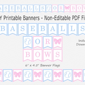 Baseballs or Bows Banner - Baby Pink & Light Blue - Baseball, Bow - Boy Girl - Gender Reveal - PRINTABLE - INSTANT DOWNLOAD