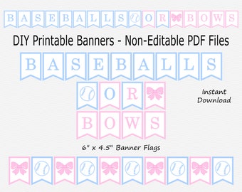 Baseballs or Bows Banner - Baby Pink & Light Blue - Baseball, Bow - Boy Girl - Gender Reveal - PRINTABLE - INSTANT DOWNLOAD