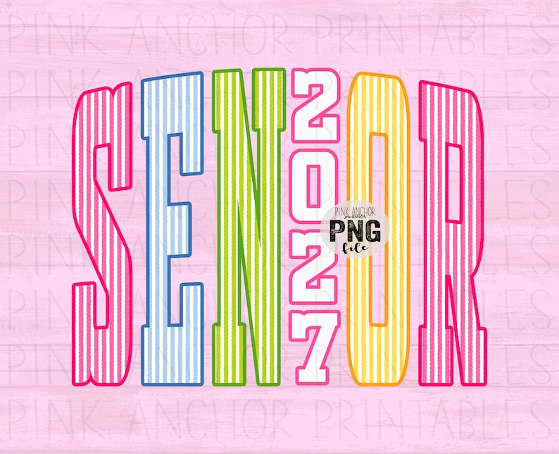 May include: A vibrant digital graphic featuring the text "SENIOR 2021" in a bold, striped font. The letters are pink, blue, green, yellow, and pink, set against a pink wood grain background. A "PNG file" logo is in the center.