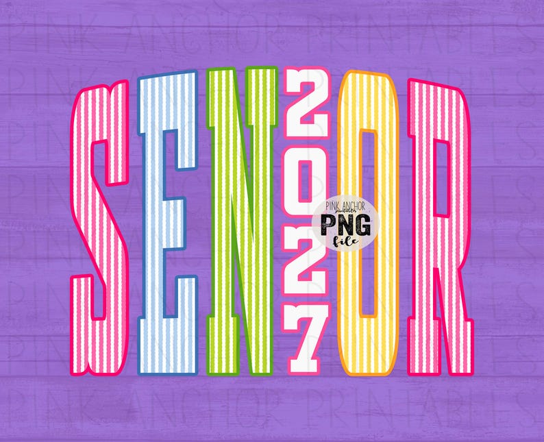 May include: A vibrant graphic on a purple backdrop, displaying "SENIOR 2027". The word "SENIOR" is in bold, striped letters of pink, blue, green, and yellow. The year "2027" is in white, with a "PNG file" logo.