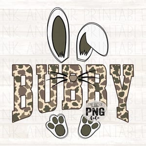 May include: A digital design featuring the word "BUBBY" in a camouflage pattern, with bunny ears, whiskers, a nose, and paw prints. The design includes the text "PINK ANCHOR PRINTABLES" and "PNG file".