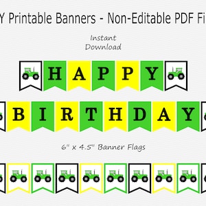 Happy Birthday Banner - Green, Black & Yellow - Tractor - Party - PRINTABLE - INSTANT DOWNLOAD