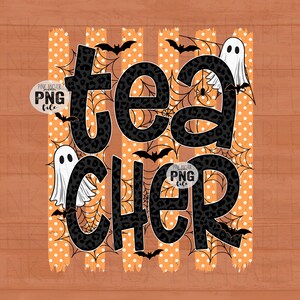 Teacher Polkadot Preppy Stripes Halloween Spooky Spider Web Bats Ghost Png Printable Design INSTANT DOWNLOAD