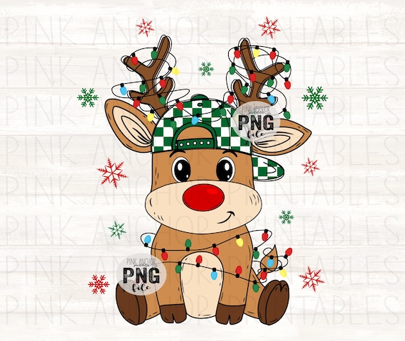 Instant Download Boy Reindeer Hat Ball Cap Checker Christmas Red Green Personalize Png File Hand Drawn Printable Dtf Sublimation Design