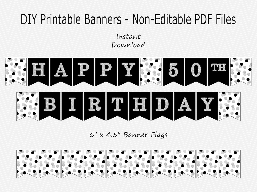 Happy 50th Birthday Banner - Black &amp; Silver Sparkle - Confetti Dots ...