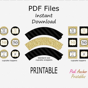 Printable 50th Birthday Cupcake Toppers and Wrappers - Gold &amp; Black ...