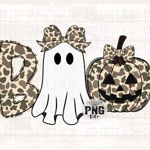 May include: A Halloween-themed graphic featuring the word "BOO" in a camouflage pattern, a white ghost with a camouflage bow, and a jack-o'-lantern with a camouflage bow. The image includes the text "PINK ANCHOR PRINTABLES PNG file".