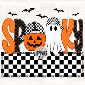 Può includere: Una grafica a tema Halloween con la parola "SP00KY" in lettere a scacchi arancioni e nere. Una zucca e un fantasma indossano cappellini a scacchi. Pipistrelli neri volano sopra un bordo a scacchi bianco e nero.