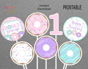 Printable Donut Centerpieces - 1st Birthday - Light Pink, Light Aqua Blue, Pale Yellow & Light Purple - 1 - PRINTABLE - INSTANT DOWNLOAD