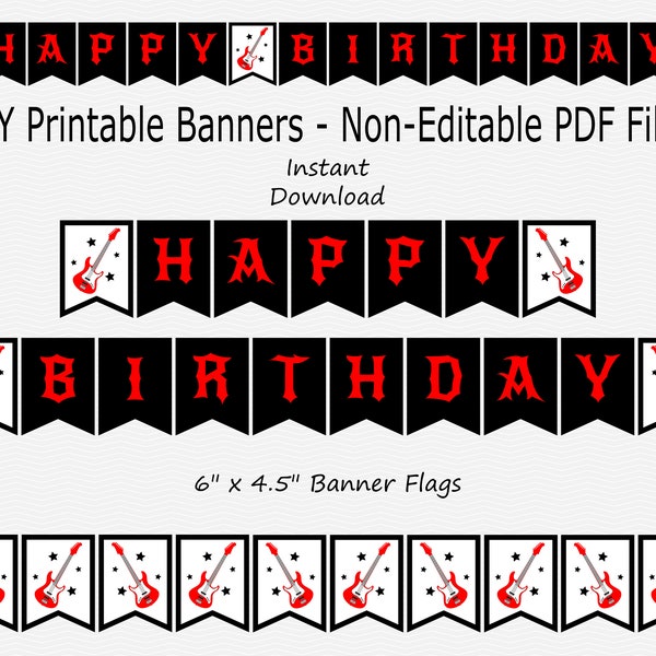 Happy Birthday Banner - Guitar - Black & Red - Rockstar Birthday Party Decor - Decoration - Bunting - Sign - PRINTABLE - INSTANT DOWNLOAD