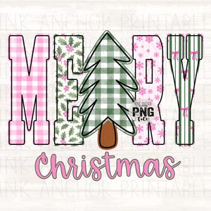 May include: A digital design with the words "MERRY Christmas" in a festive style. The letters are filled with patterns like pink gingham, holly, snowflakes, and green stripes with bows. A green and brown Christmas tree is in the center.