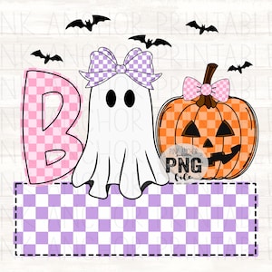 May include: A Halloween-themed graphic with a ghost, pumpkin, and the word "BOO". The ghost and pumpkin have checkered bows. The letter "B" is pink and checkered. Black bats are scattered above the design.