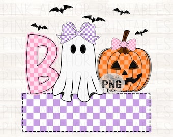 May include: A Halloween-themed graphic with a ghost, pumpkin, and the word "BOO". The ghost and pumpkin have checkered bows. The letter "B" is pink and checkered. Black bats are scattered above the design.