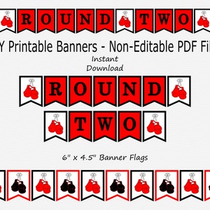 Round Two Banner - Red & Black - Boxing Glove - Boy 2nd Birthday 2 Party Decor - PRINTABLE - INSTANT DOWNLOAD