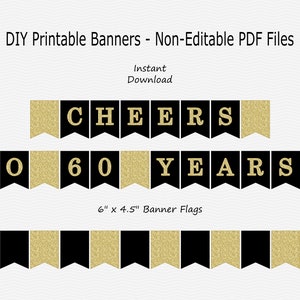 Cheers to 60 Years Banner - Black & Gold Glitter - 60th Birthday Party - Sign - PRINTABLE - INSTANT DOWNLOAD