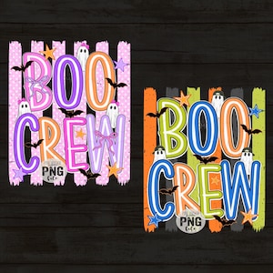May include: Two digital graphic designs featuring the text BOO CREW. The left design has pink stripes, ghosts with bows, and bats. The right design has orange, green, and gray stripes, ghosts with baseball caps, and bats. Both include stars.