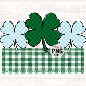 May include: A digital design featuring three shamrocks, two in light blue checkered pattern and one in green checkered pattern. Below the shamrocks is a green and white checkered banner. The text "PNG file" is in the center.