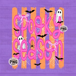 May include: A digital graphic design featuring the text SPOOKY SEASON in bright pink letters. The background has orange vertical stripes, white spiderwebs, black bats, two white ghosts, a small black spider, and two light pink bows.