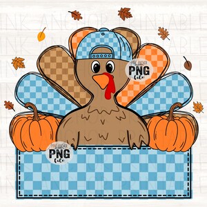 May include: A cartoon turkey wearing a blue checkered baseball cap, with a red wattle and orange beak. The turkey is surrounded by orange pumpkins and autumn leaves. A blue checkered banner is at the bottom. The text "PINK ANCHOR PNG file" is visible.