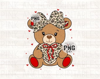 Instant Download Teddy Bear Girl Coquette Bow Camo Red Valentine's Day Png File Hand Drawn Printable Design