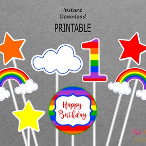 Printable Rainbow Centerpieces 1st Birthday - Rainbow, Cloud, Star - 1 - PRINTABLE - INSTANT DOWNLOAD