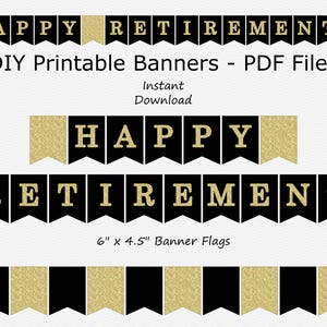 Happy Retirement Banner - Black & Gold Glitter - PRINTABLE - INSTANT DOWNLOAD
