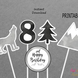 Wolf Printable Centerpieces Boy 8th Birthday - Grey & Black - Watercolor - Mountain, Tree, Wolf 8 Party Decor - PRINTABLE INSTANT DOWNLOAD