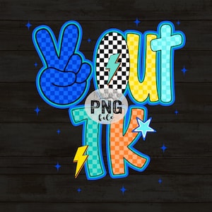 May include: A colorful graphic with the words "VOUT 1K" in a playful font. The "V" is a peace sign, and the letters are outlined in blue. The design includes checkered patterns, lightning bolts, and stars, all set against a dark wood grain background.