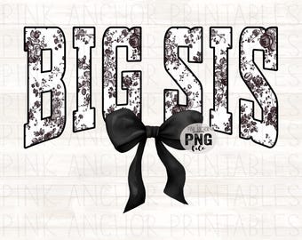 Instant Download Big Sis Black Toile Coquette Bow Png File Clip Art Printable Design