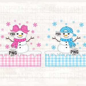 May include: Two snowman illustrations with pink and blue accents. One snowman wears a pink bow, scarf, and sits atop a pink gingham box. The other snowman wears a blue cap and scarf and sits atop a blue gingham box. Snowflakes surround them.