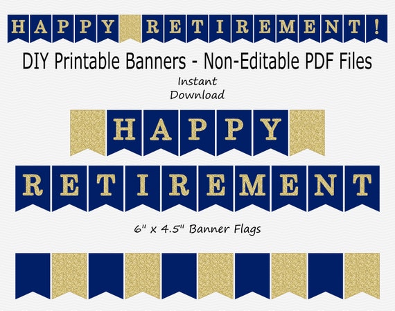 Happy Retirement Banner Navy Blue Gold Glitter Printable Etsy