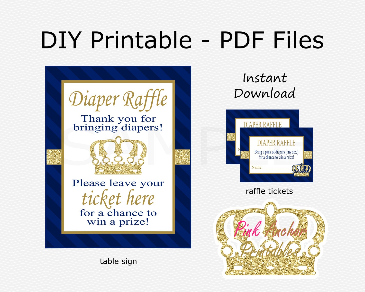 crown diaper raffle tickets and table sign navy blue