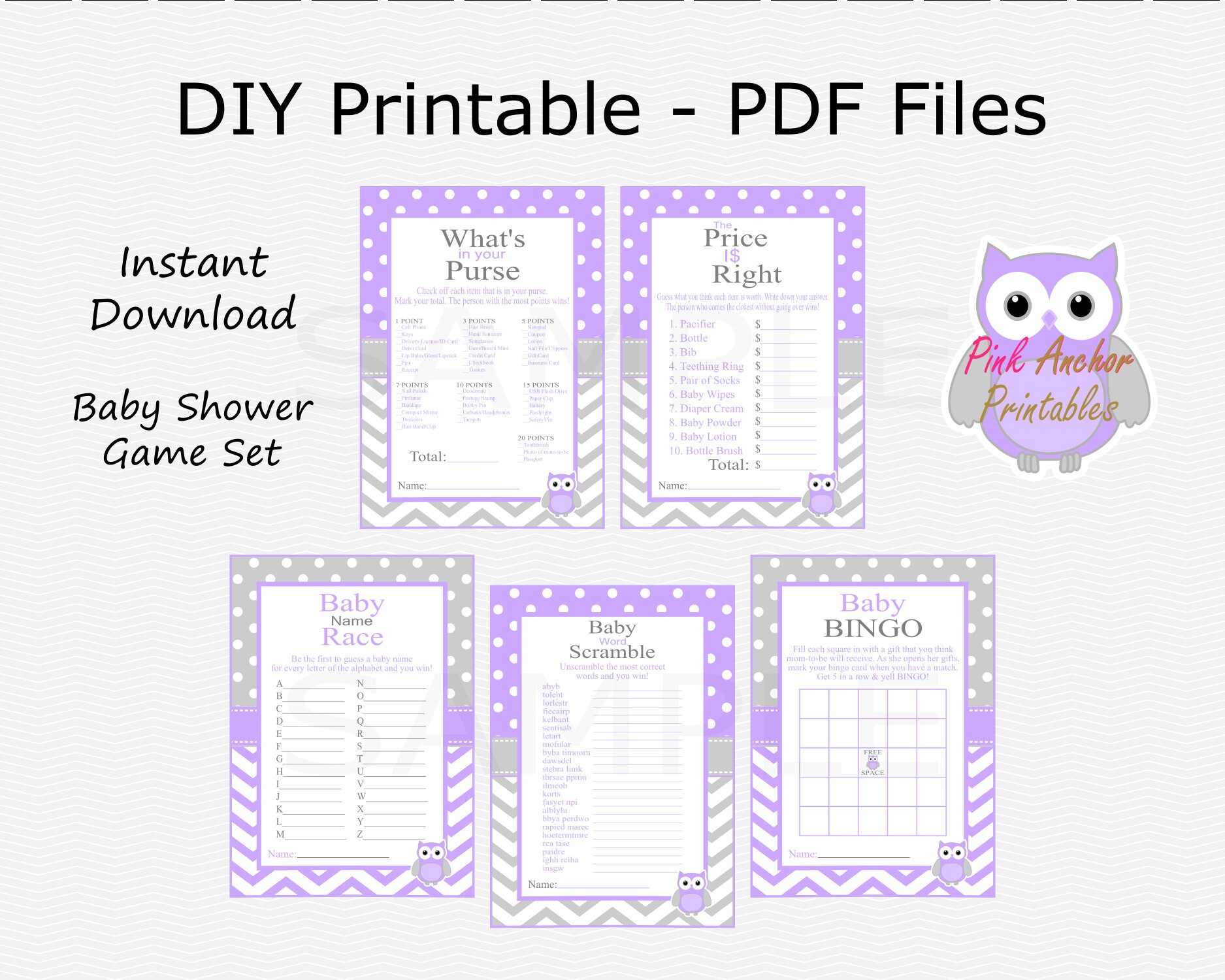 Owl Baby Shower Games Pack Light Purple & Light Grey Polka - Etsy